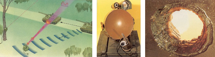 Рисунок 3. Мина ТМ-83. Слева направо: вид ТМ-83, применение мины и результат ёе применения Рисунок 3. Мина ТМ-83. Слева направо: вид ТМ-83, применение мины и результат ёе применения